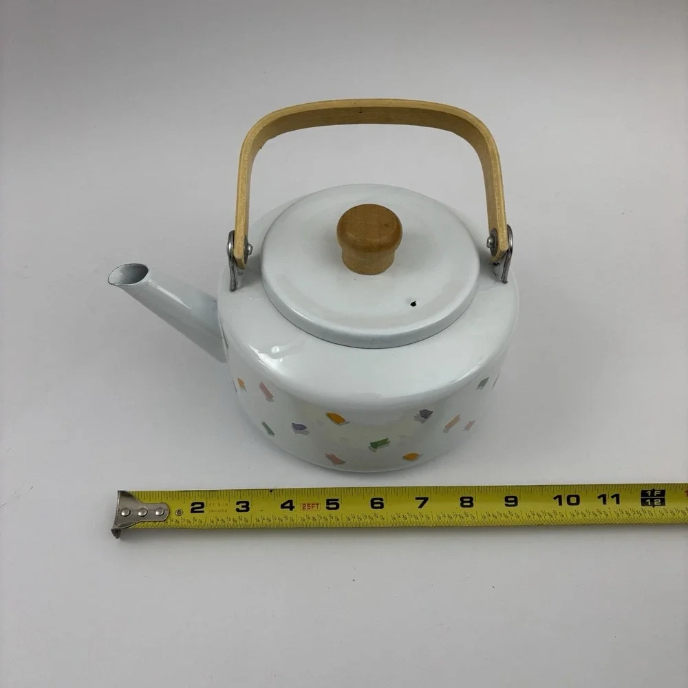 90s Teapot Saved By‎ The Bell Wood Handle Enamel Vintage Confetti Design